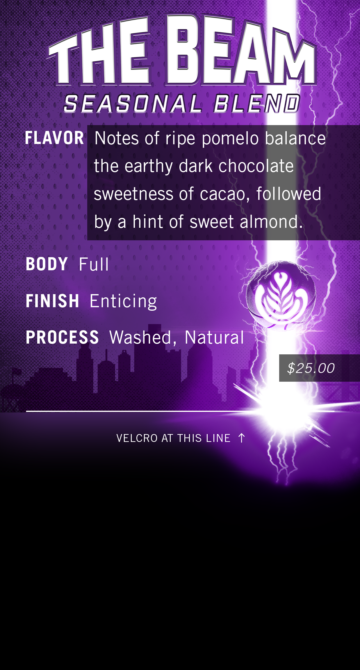 The Beam retail shelf card with flavor notes and price